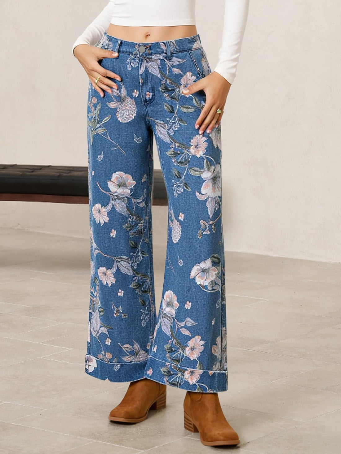 Women's Vintage Boho Floral Baggy Wide Leg Jeans