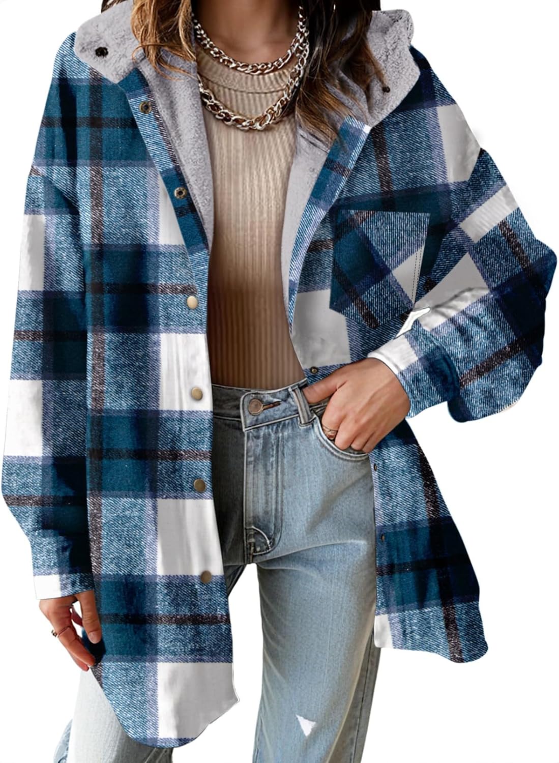 Women's Flannel Hooded Plaid Shacket Thick Coat Fuzzy Fleece Jacket