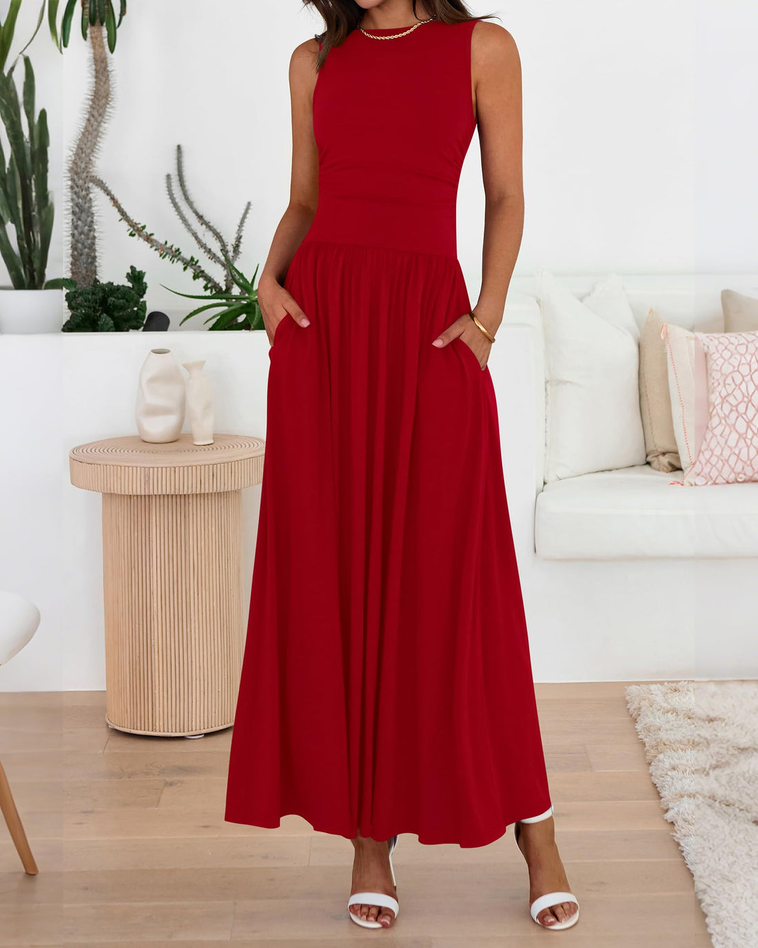 Women’s Summer Boat Neck Ruched High Waisted Flowy Maxi Dress