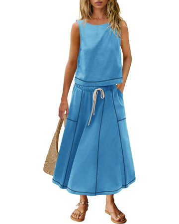 Women's Summer Vacation Sleeveless Tank Top Skirt Two Piece Set with Pockets