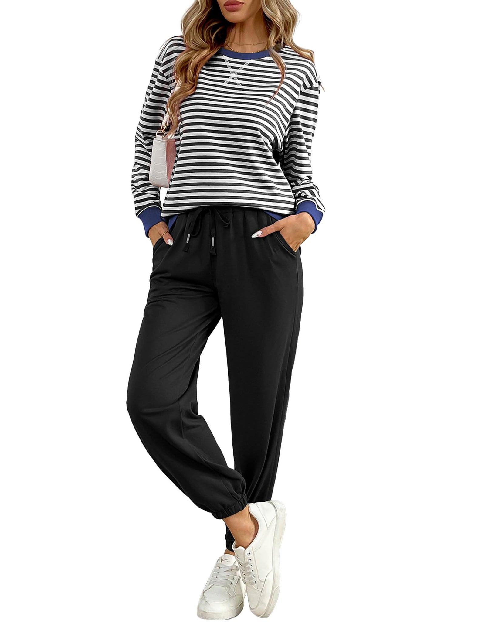 Women's Cozy 2 Piece Outfits Lounge Sets Striped Color Block Long Sleeve Tops Jogger Sweatpants