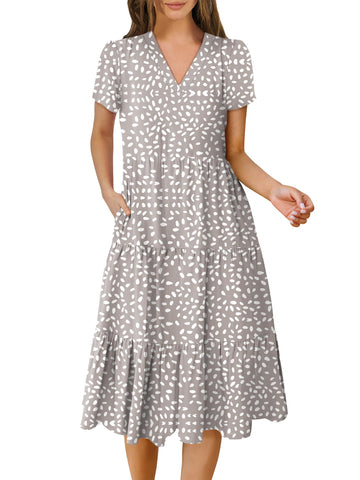 Women's Summer Casual Short Sleeve V Neck Tiered Midi Dress