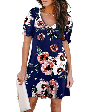 Women's V Neck Printed Puff Sleeve Dress with Pockets