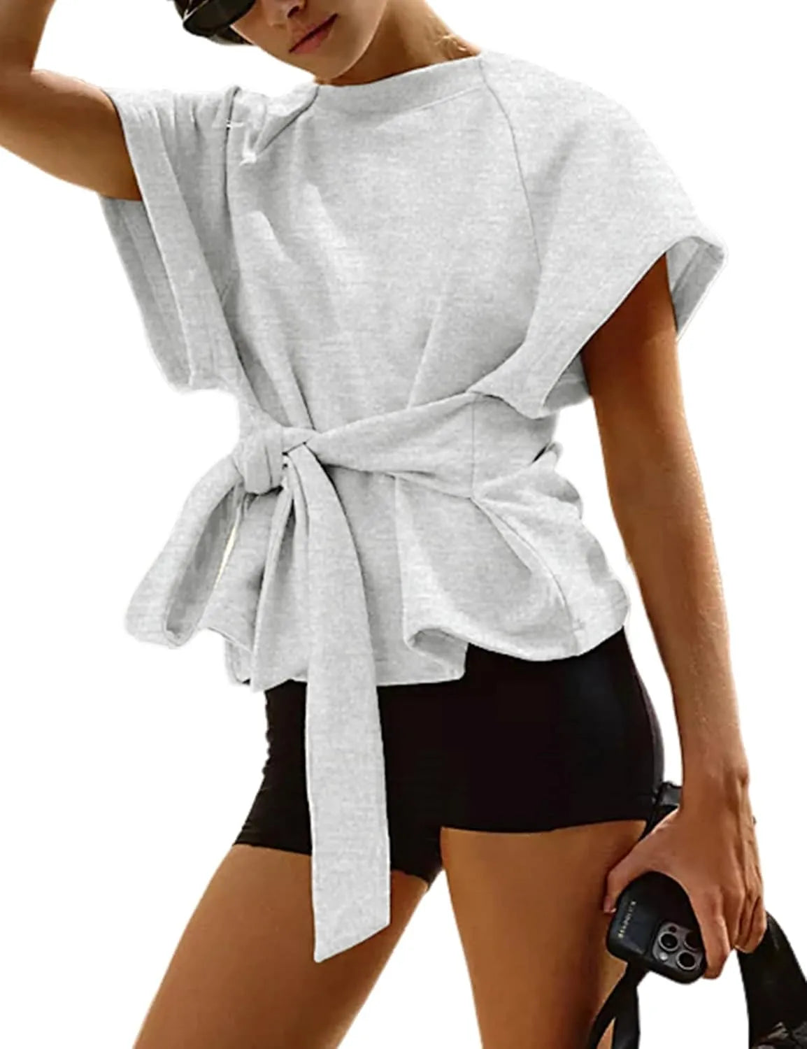 Women's Summer Short Sleeves Crewneck Tie Knot Tops