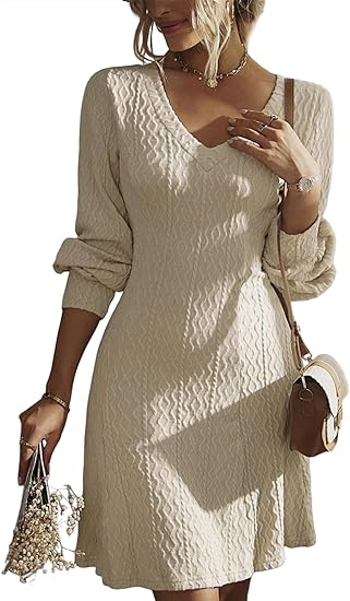 Women's V Neck Knit A Line Long Sleeve Dress Sweater Dress