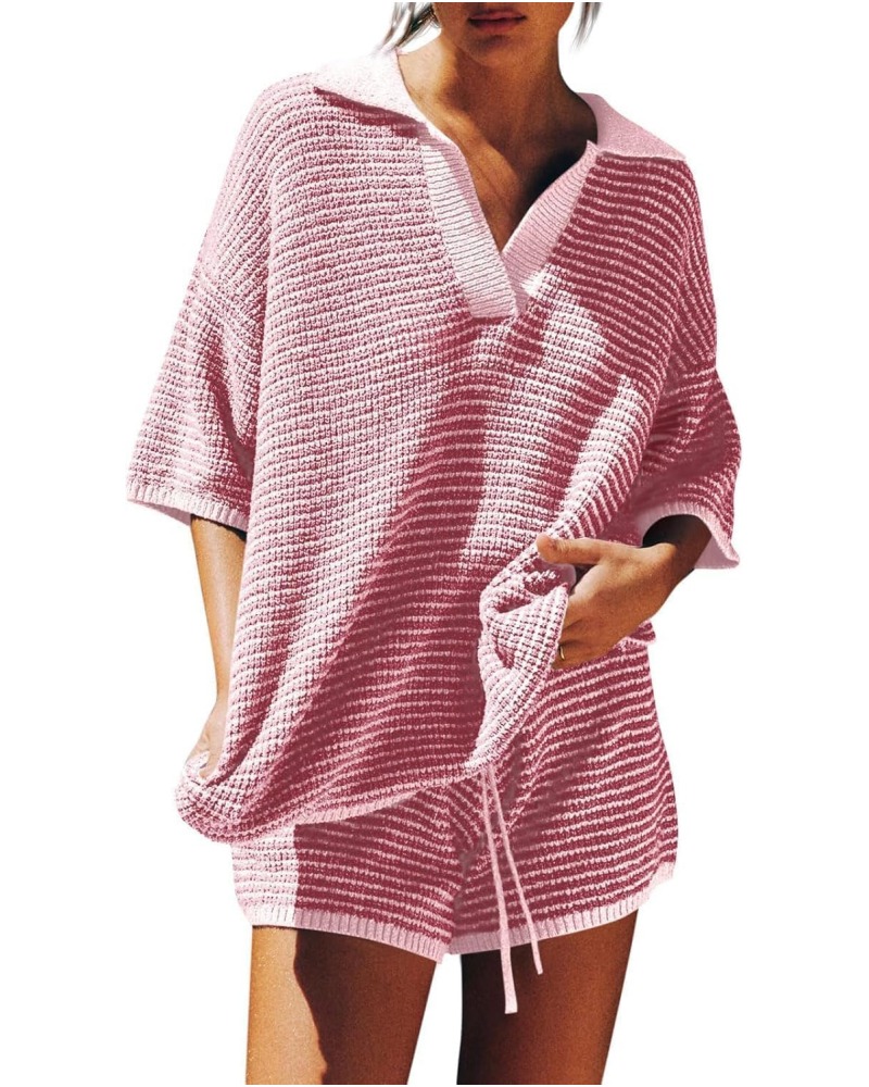 Women's Casual 3/4 Sleeve V Neck Knit Top High Waist Shorts Set