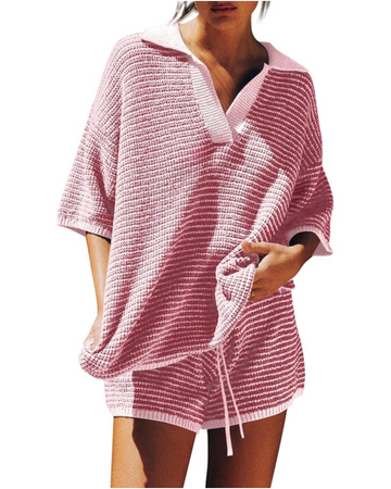 Women's Casual 3/4 Sleeve V Neck Knit Top High Waist Shorts Set