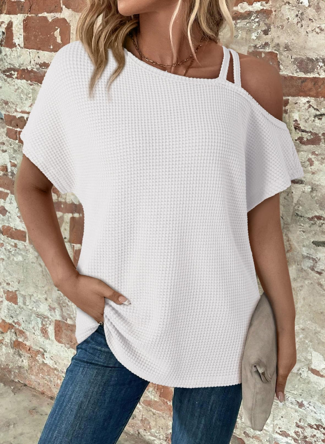 Womens Summer Tops Off One Shoulder Waffle Knit Short Sleeve T-Shirts
