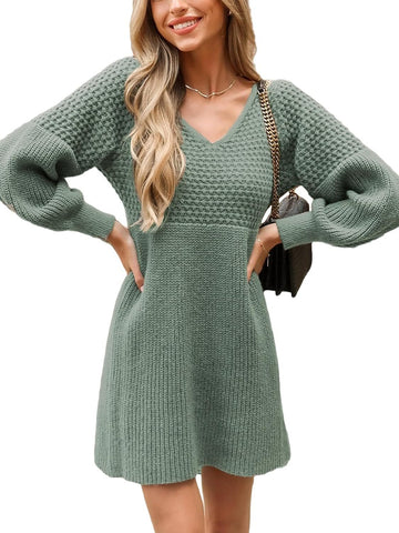 Women's V-Neck Puff Sleeve Pleated Knit Dress