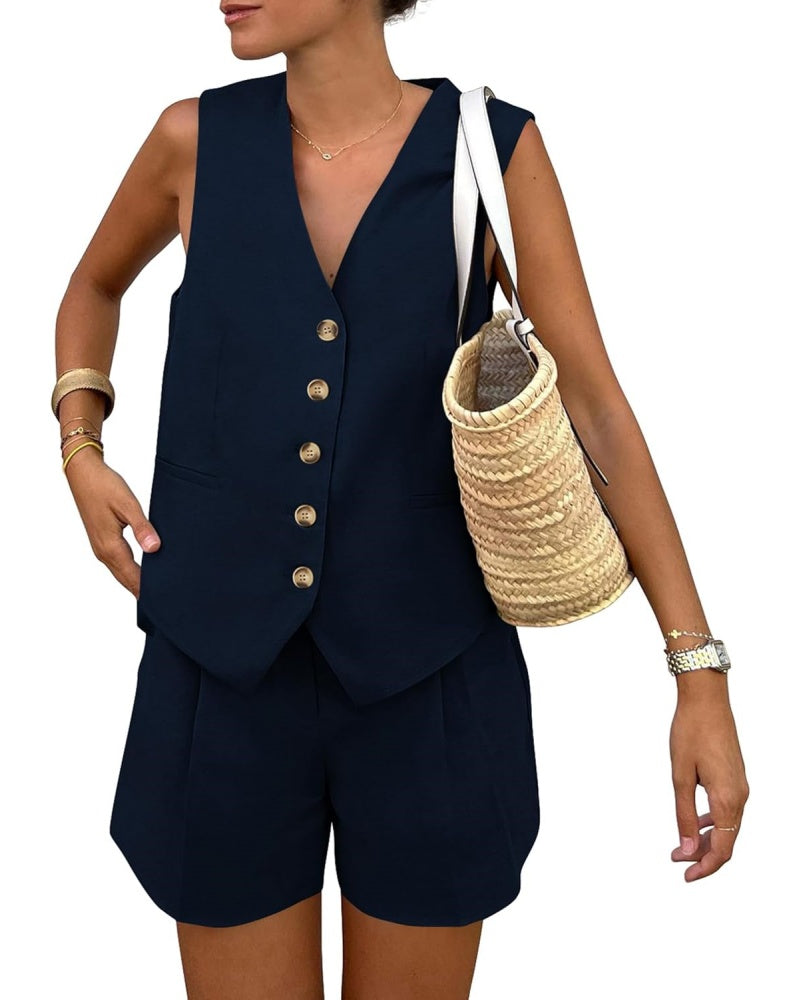 Women's Sleeveless Button V-Neck Vest Shorts Two-Piece Set with Pockets