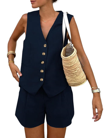 Women's Sleeveless Button V-Neck Vest Shorts Two-Piece Set with Pockets
