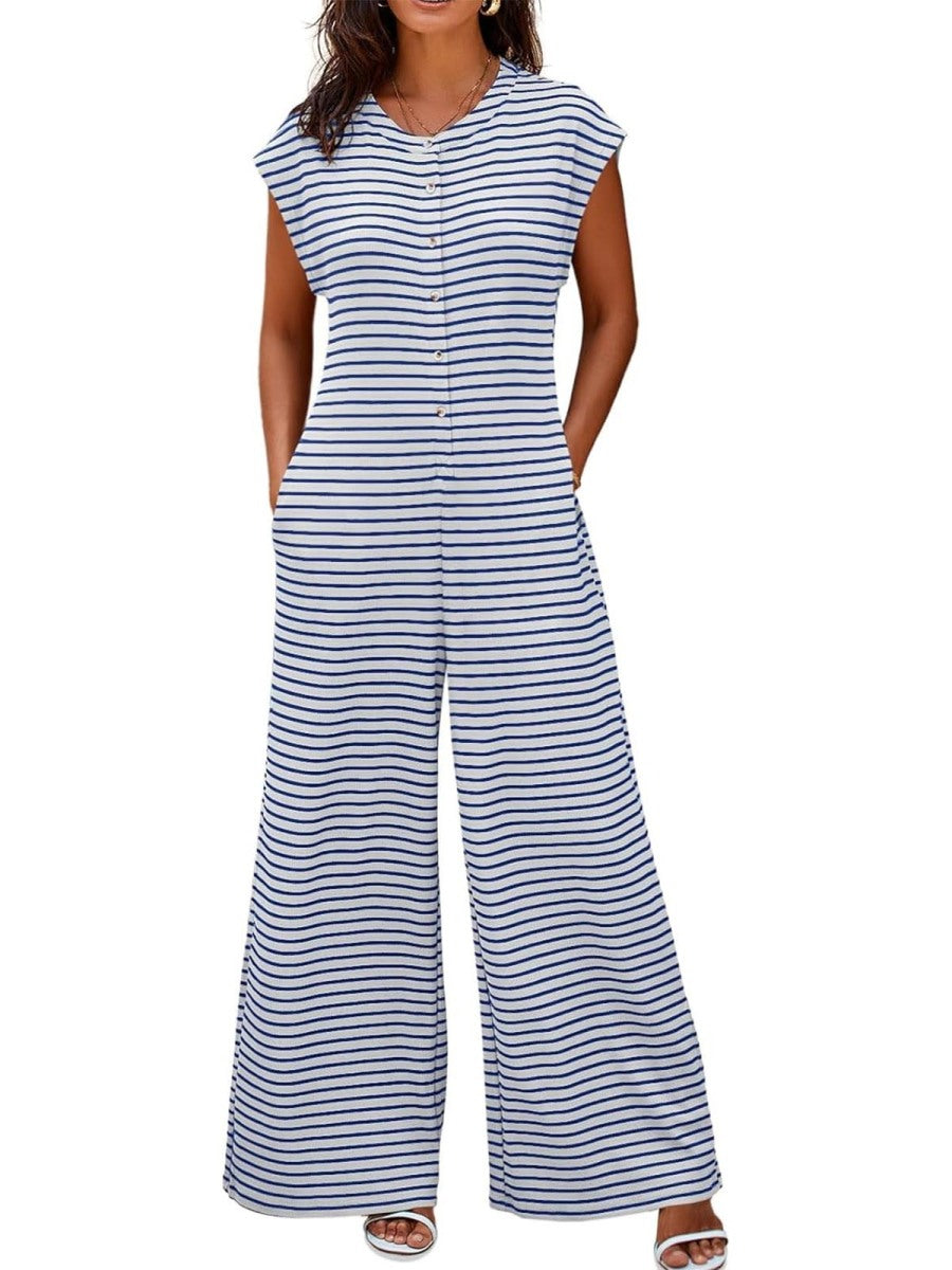Women's Casual Button Striped Jumpsuit Cap Sleeve Wide Leg Romper