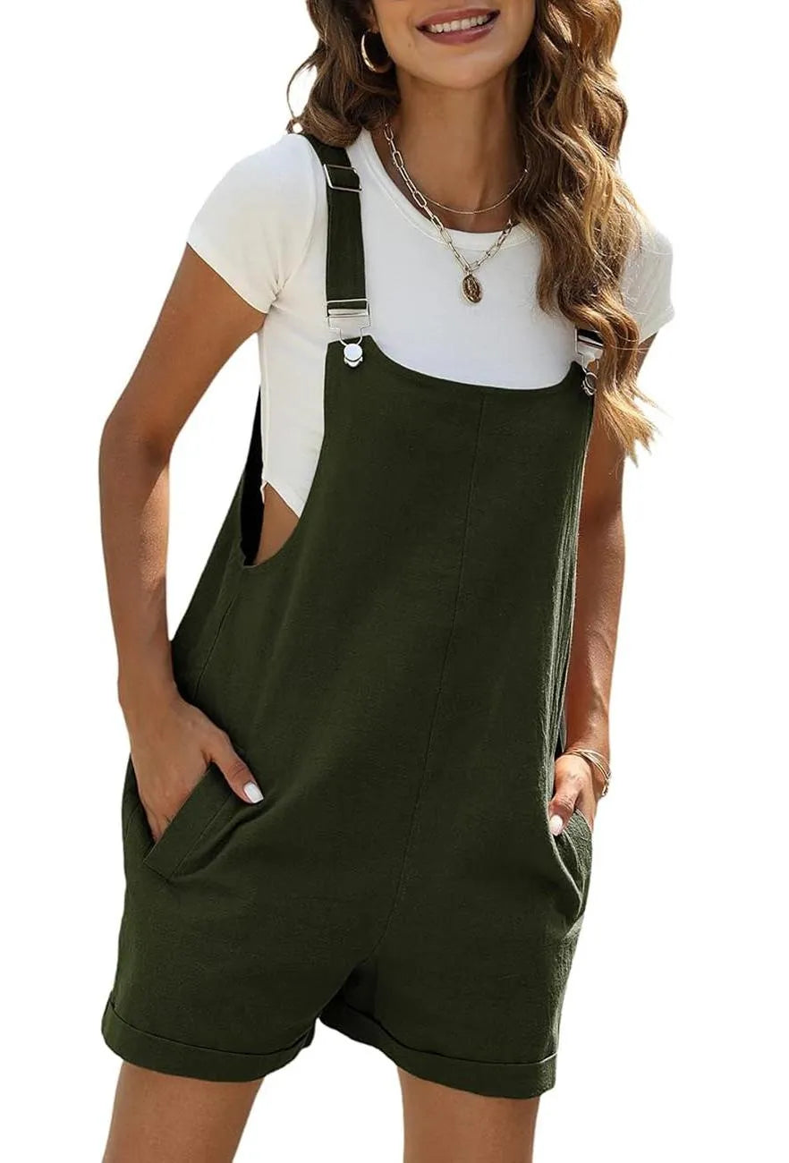 Women's Casual Summer Cotton Linen Short Overalls with Pockets