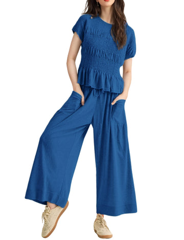 Women's Pleated Top Wide Leg Pants Set with Pockets