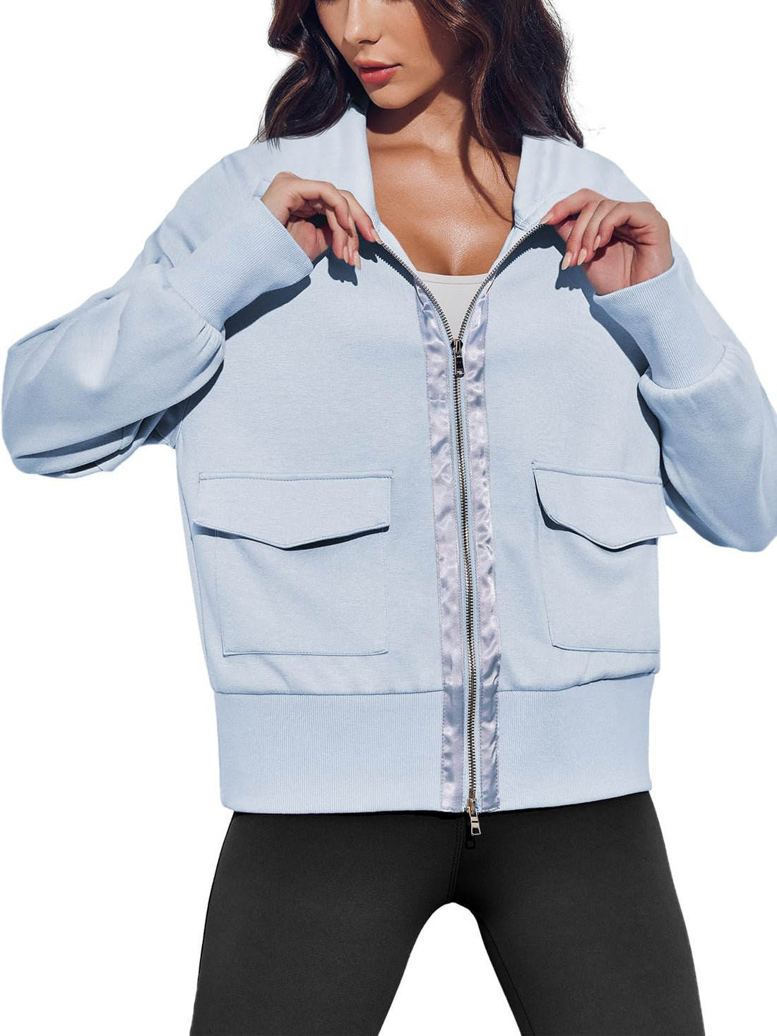 Women's Zip up Sweatshirt Collared Neck Long Sleeve Loose Casual Lightweight Jacket