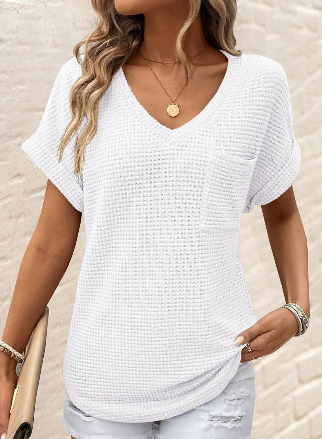 Women's Oversized Waffle V Neck Short Sleeve Casual Top