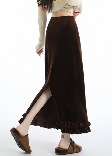 Italian Coffee Ruffled Side Open Warm Fleece Silk Velvet Skirts Winter