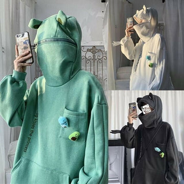 Frog Letter Zipper Pocket Oversized Hoodie