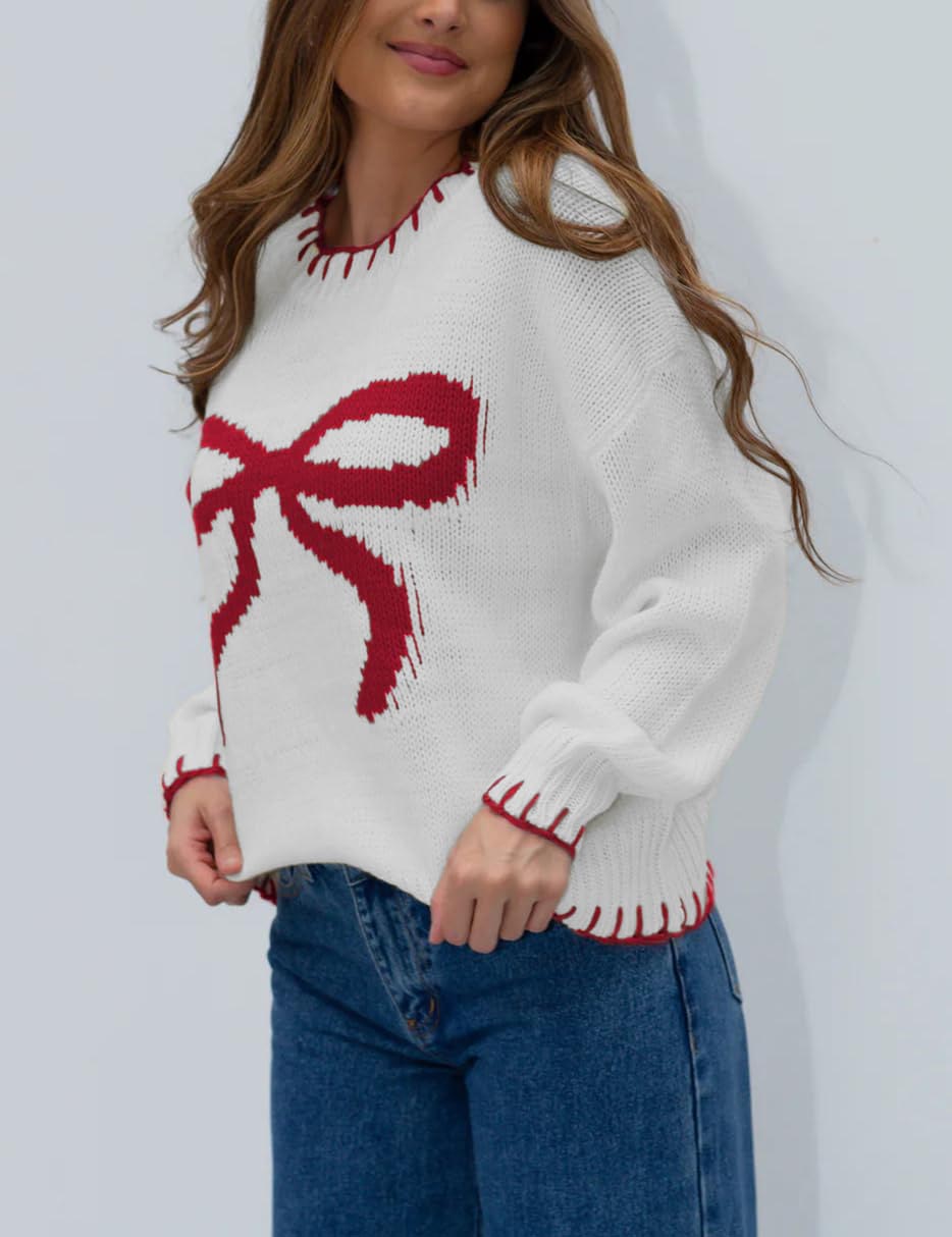 Bow Crew Neck Knitted Sweater Pullover