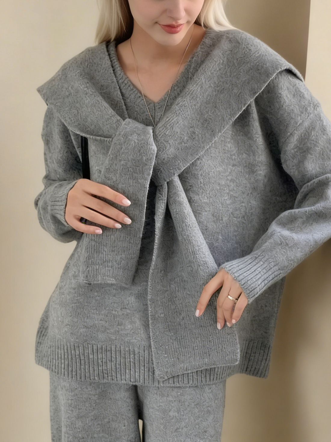 Women's Sweater with Attached Scarf Two-Piece Set