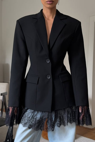 Solid Color Lace Panel Long Sleeve Button Elegant Blazer