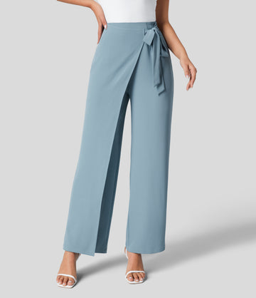 Women's High Waisted Tie Side Invisible Zipper Wide Leg Pants