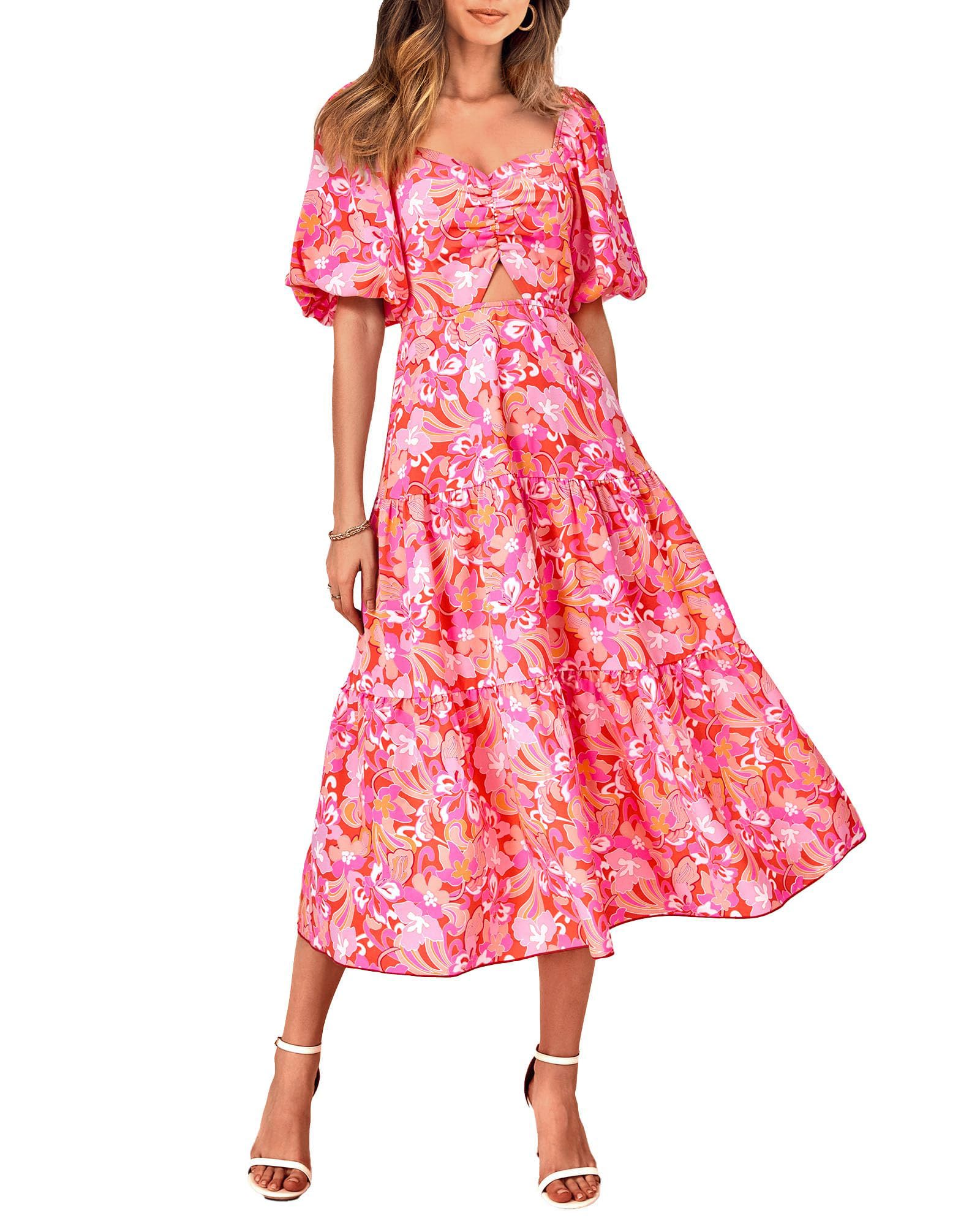 Women's Casual Flowy Square Neck Puff Short Sleeve Boho Floral Long Maxi Dress
