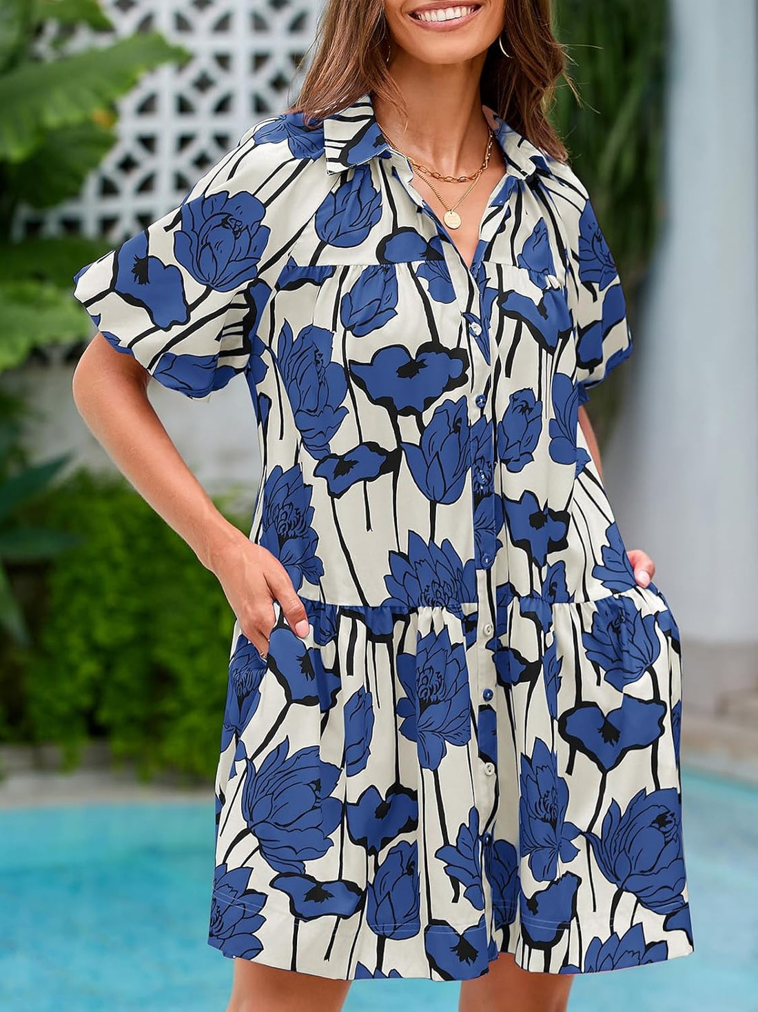 Women's Casual Button Down Floral Puff Sleeve Shirt Dress