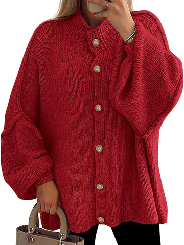 Fall Women's Winter Button Down Cardigan Sweaters Mock Neck Lantern Long Sleeve