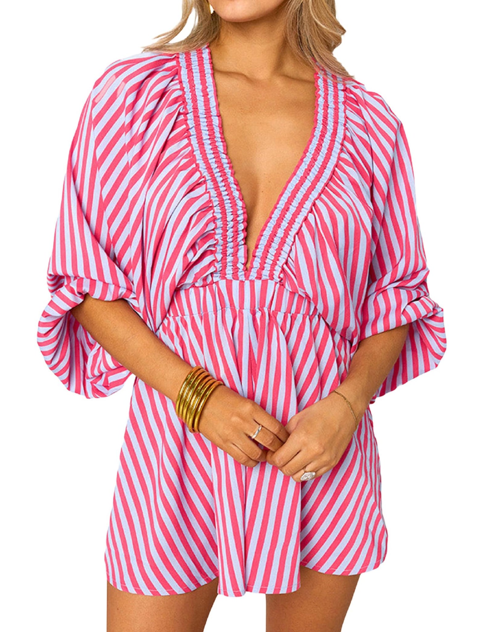 Women's Puff Sleeve Bodysuit Deep V Neck Printed Jumpsuit