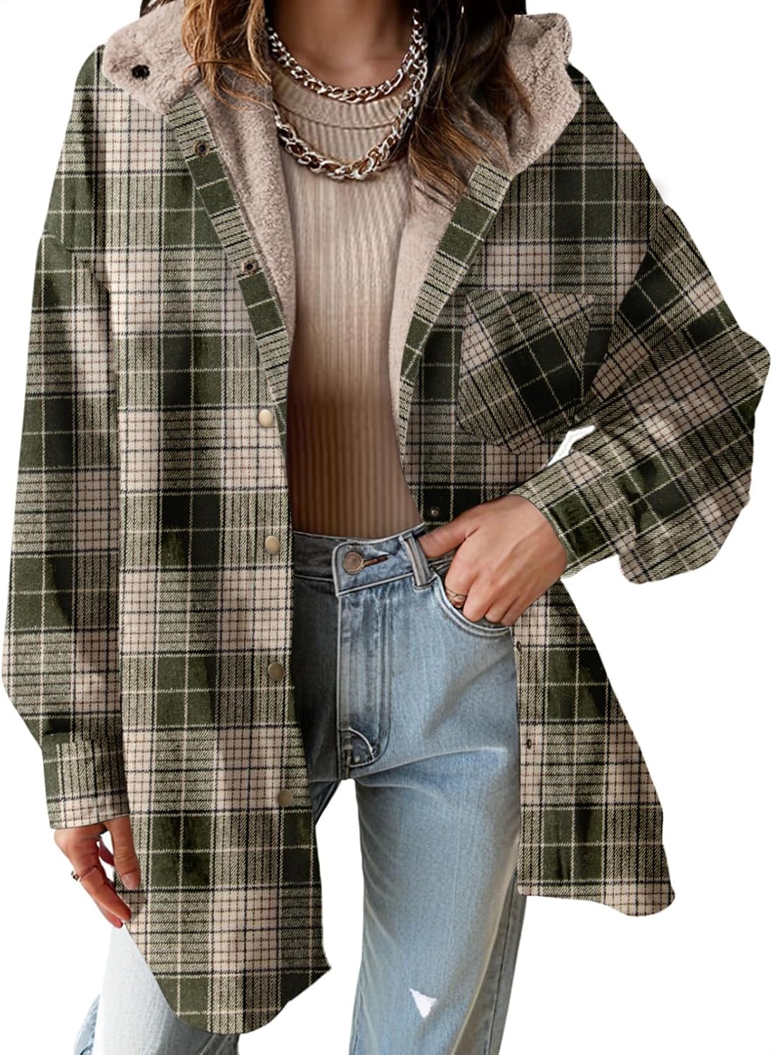 Women's Flannel Hooded Plaid Shacket Thick Coat Fuzzy Fleece Jacket