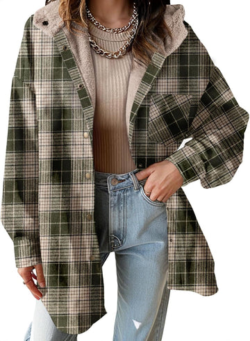 Women's Flannel Hooded Plaid Shacket Thick Coat Fuzzy Fleece Jacket