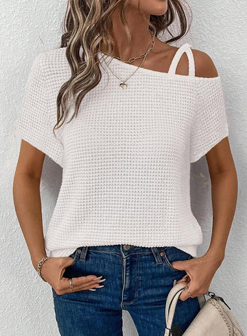 Womens Summer Tops Off One Shoulder Waffle Knit Short Sleeve T-Shirts