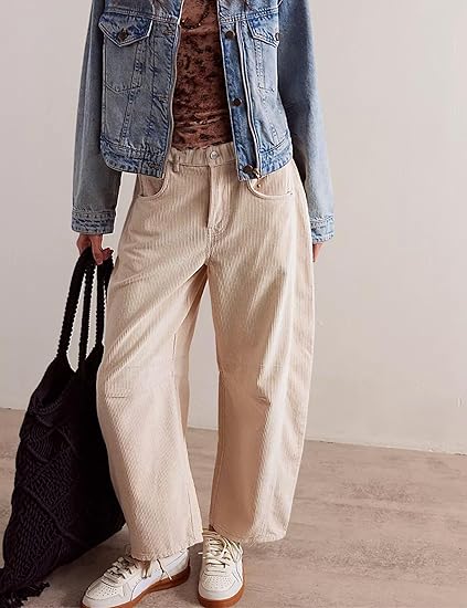 Women's Corduroy Pants Barrel Mid-Rise Elastic Waist Cord Pants