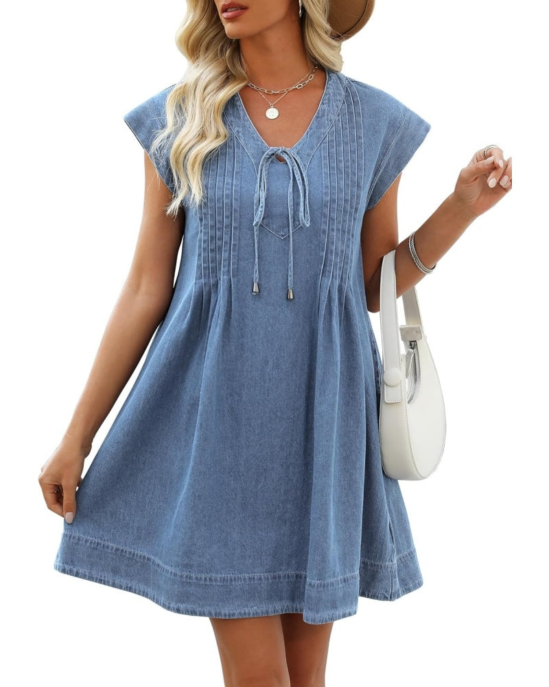 Women's V-neck Pleated Denim Dress with Pockets