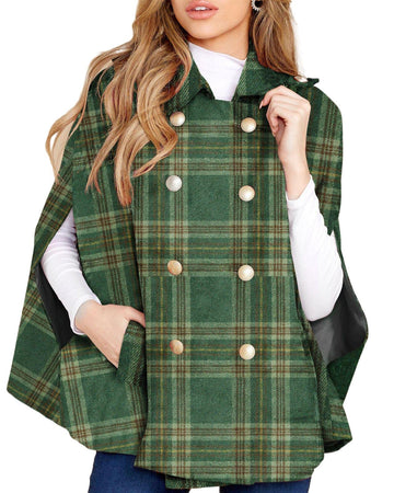 Womens Plaid Jacket Double Breasted Winter Cape Coats Turn Down Poncho with Pockets