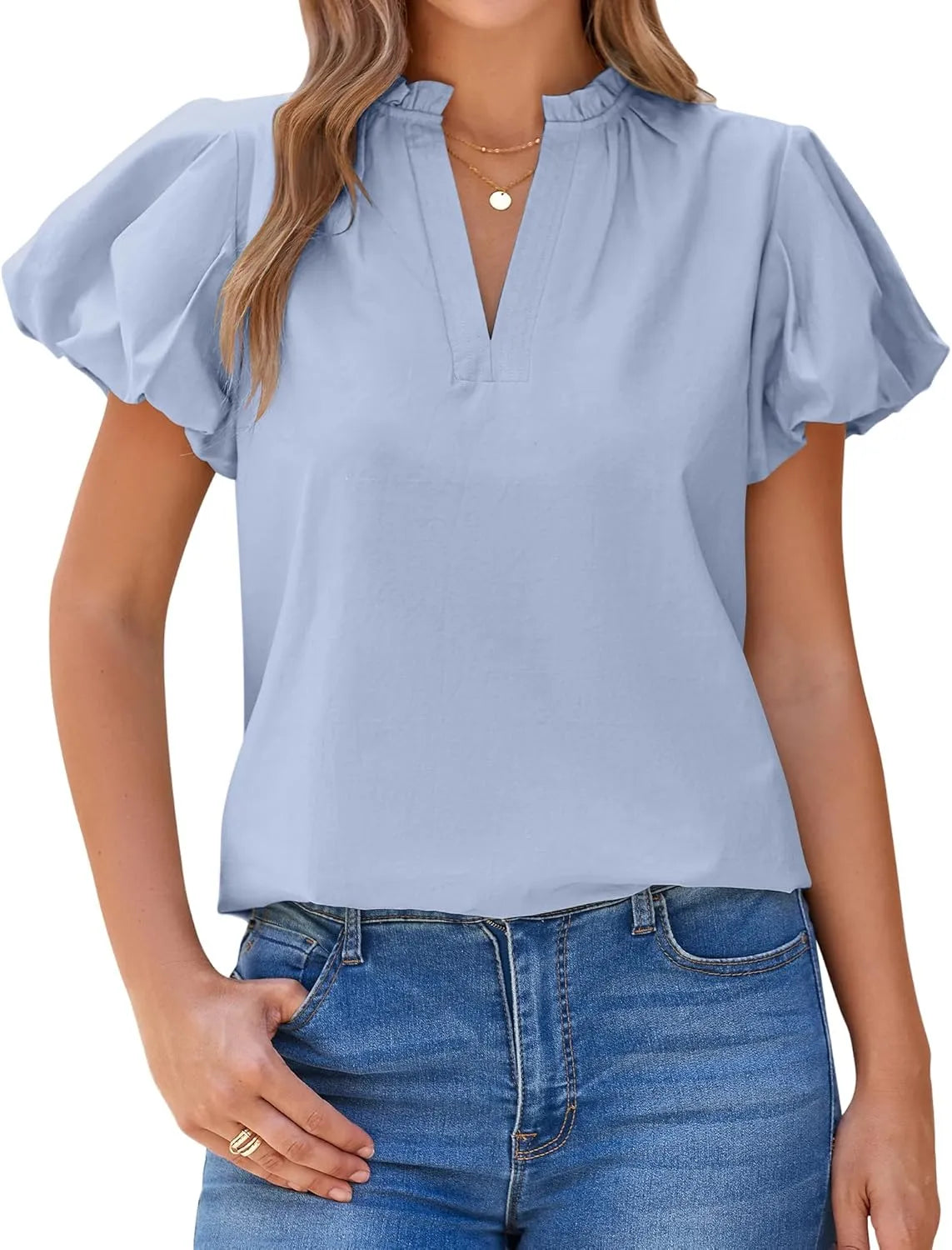 Womens Spring Summer Tops Dressy V Neck Puff Short Sleeve Blouses
