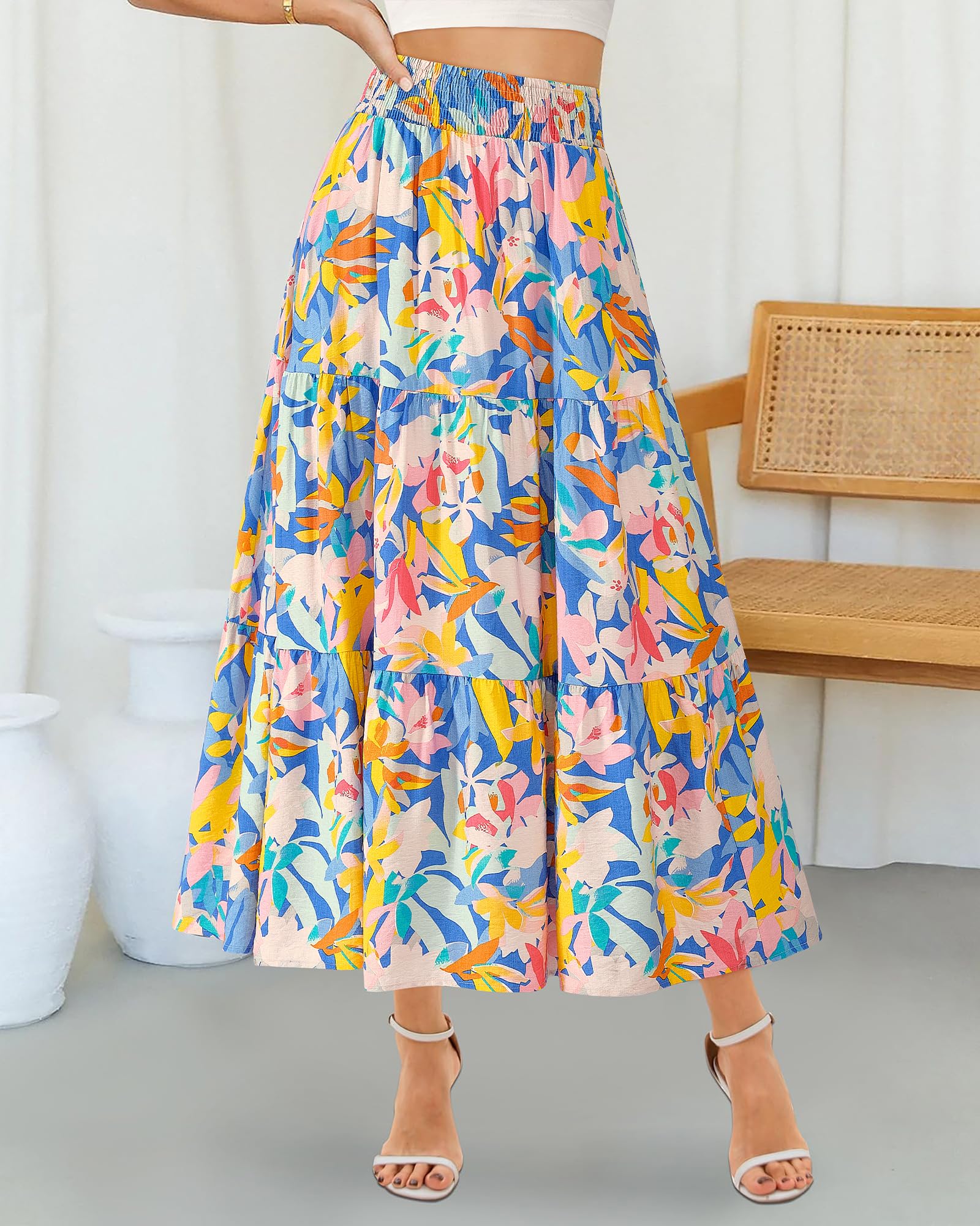 Women's Floral Print Midi Maxi Aline Elastic High Waist Pleated Flowy Long  Skirts