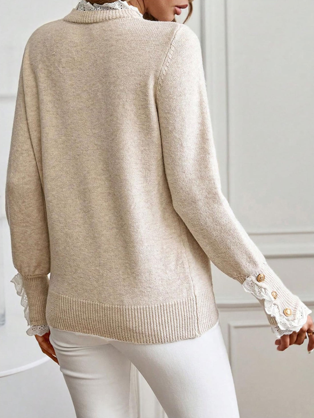 Women's Long Sleeve Knitted Button Lace Trim Sweater