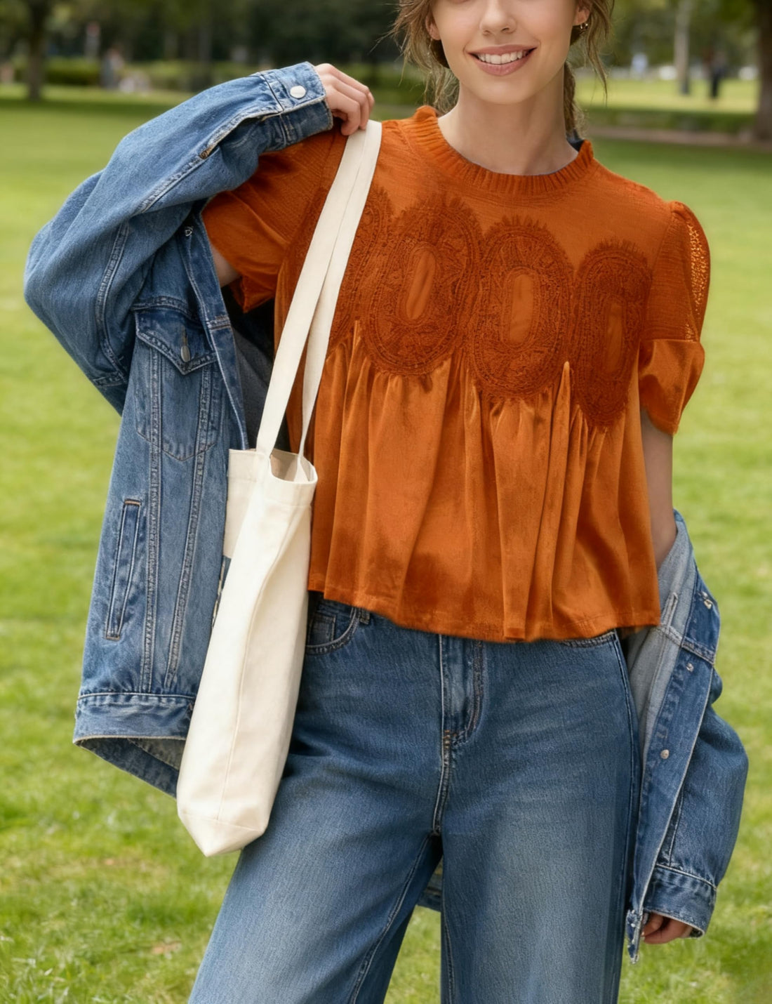 Women's Velvet Lace Blouse Casual Round Neck Short Sleeve Flared Swing Top