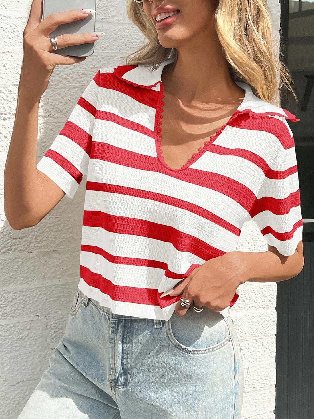 Women's Summer V Neck Collared Striped Short Sleeve Sweater Top
