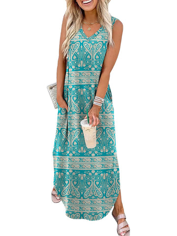 Women's Summer Boho Print V Neck Split Tank Long Dress with Pockets