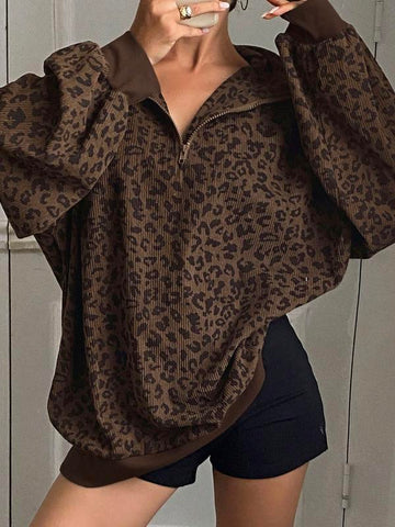 Women's Leopard Print Drop Shoulder Zipper Half Placket Sweatshirt