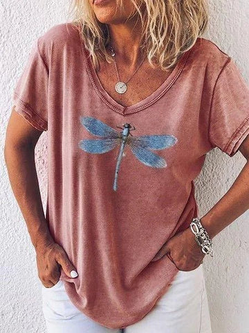 Women's Casual V-Neck Tee with Dragonfly Print and Short Sleeves