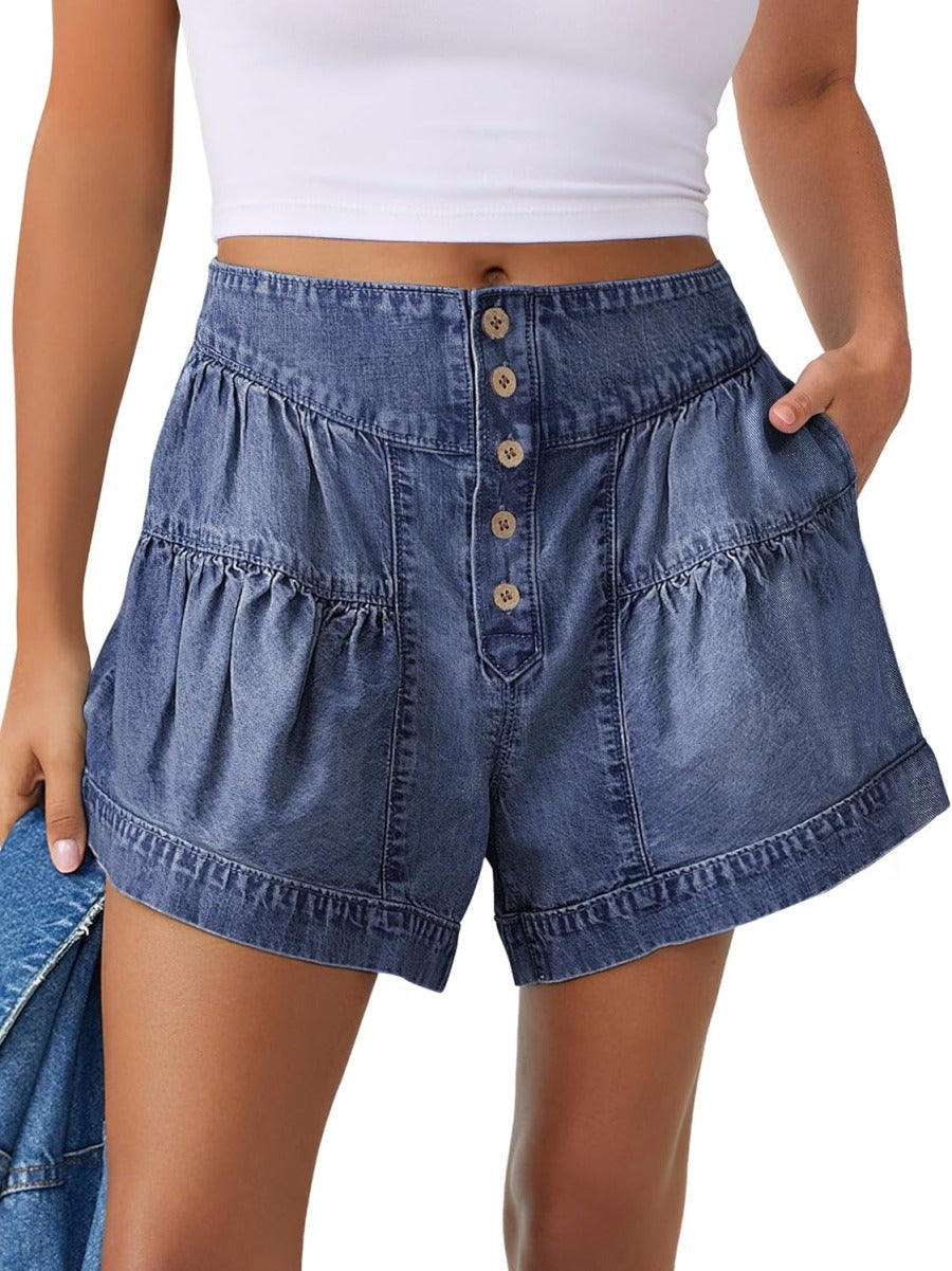 Women's Summer Baggy Flowy Wide Leg Buttons Pleated Denim Shorts