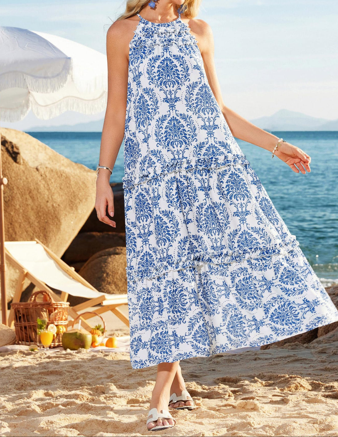 Women's Summer Halter Neck Floral Print Vacation Dress