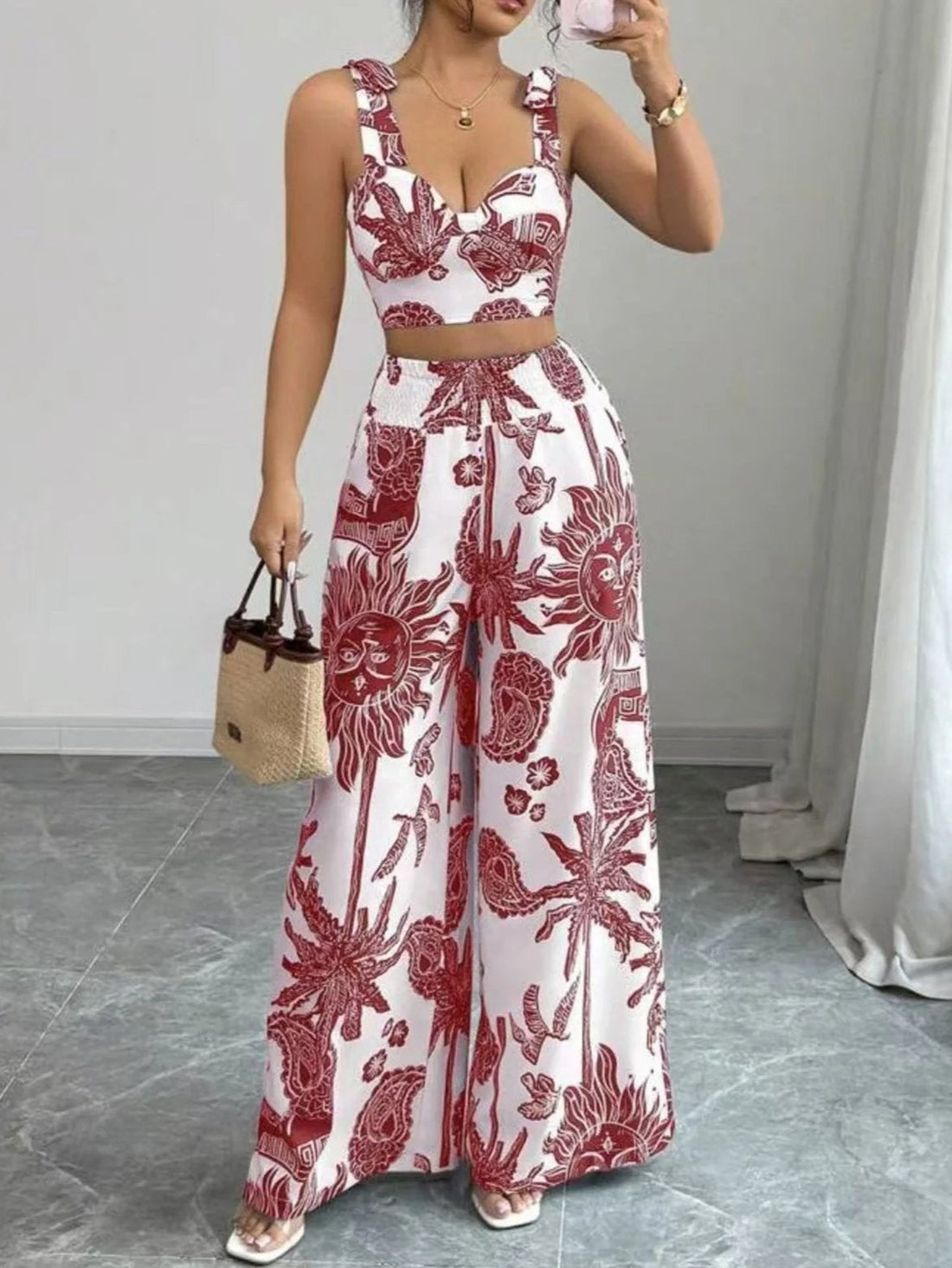 Printed Crop Top and Wide - Leg Pants Set: Effortless Chic Outfit