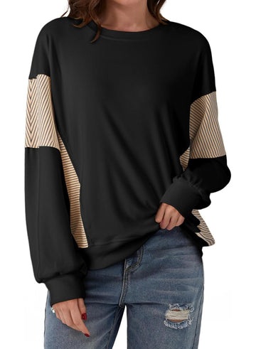 Women's Crewneck Patchwork Stripe Long Sleeve Pullover Sweatshirts