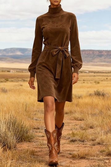 Stylish Suede Turtleneck Long-sleeved Tie-waist Casual Mini Dress