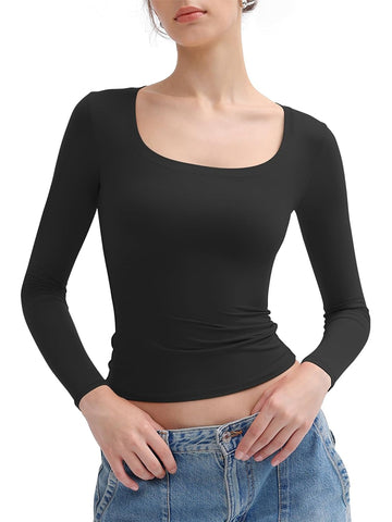 Women's Scoop Neck Slim Fit Long Sleeve Tops Double Lined Basic Tee
